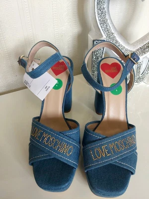 £52.99 • Buy Love Moschino Blue Denim Sandals Platform Studded Heels Wedges Shoes Size 4 37