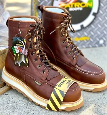 Men's 8  Steel Toe Moc Toe Genuine Leather Lace Safety Ocre Color Work Boots 956 • $99.99