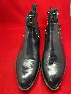 Zara 38 US 7.5 Navy Leather With Studs Flat Ankle Boots Slip On EUC • $24