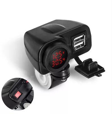 Red LED 12V Motorcycle USB Charger 2.1A+2.1A W/ Digital Voltmeter + Thermometer • $16.43