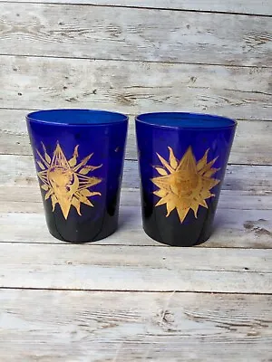 Vintage Celestial Libbey Culver Cobalt Blue Gold Drinking Glasses Sun Moon Stars • $29