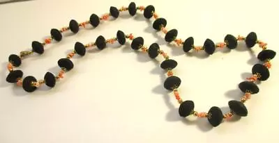 28  Necklace   Black Wood Light Coral Chips Beads Gold Tone Accent Lobster Clasp • $11.20