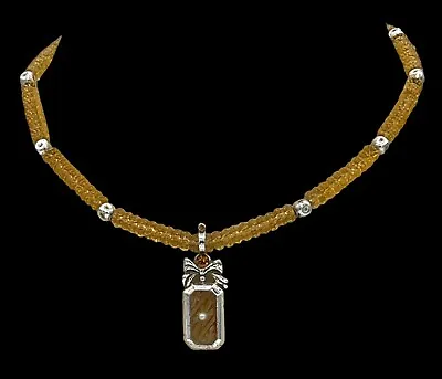 Vintage Citrine Beaded Etched Pendant Necklace • $34.95