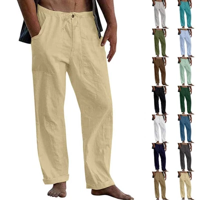 £4.99 • Buy Cotton Linen Men Elastic Waist Pants Casual Summer Loose Wide Leg Pocket Trouser