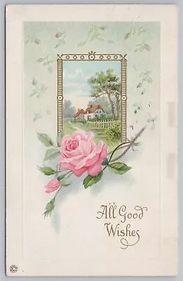 Pink Rose Under Pastoral Home Scene~Buds~Gold~Emboss~Stecher 627B~1929 Postcard • $2.80