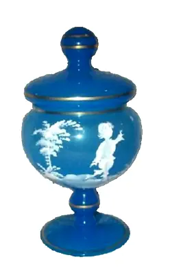 Antique Mary Gregory Glass Apothecary Jar Lidded Candy Dish French Blue Germany • $81