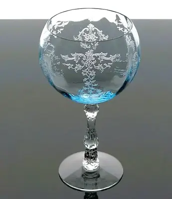 2 Fostoria Magnum ~ Navarre Etched Elegant Azure Blue Crystal Balloon Wine Stems • $398