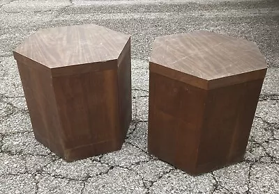 Mid Century Modern LANE Hexagon Wood Side Tables / Plant Stand / Pedestal - Pair • $440