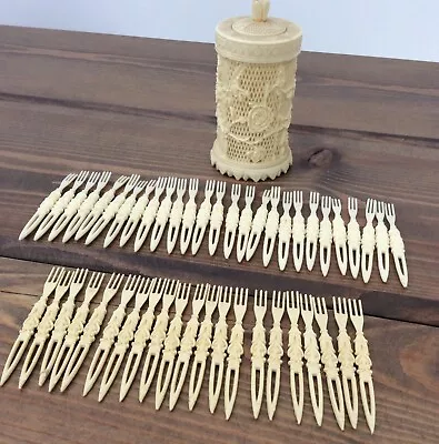 Vintage Olive  Cherry  Cocktail Sticks Forks Picks & Holder Set • £17