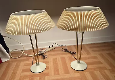 Vintage TABLE LAMP PAIR W Shades Mid Century Modern Light White Set LIGHTOLIER • $699.99