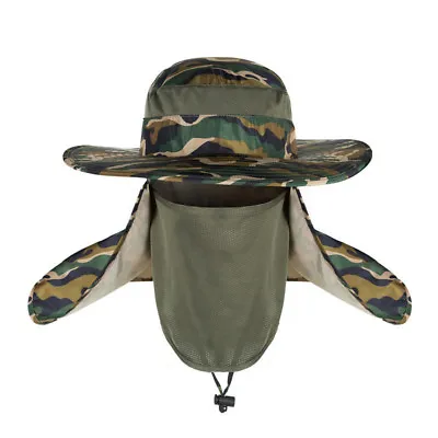 Men Outdoor Bucket Sun Hat With Neck Flap Face Protector Wide Brim Fishing Cap • £10.19