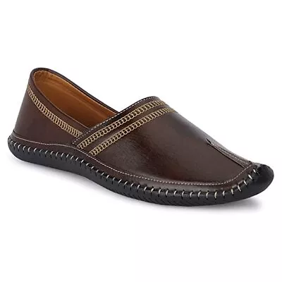 Mens Jutti Mojari Faux Leather Nagra Jalsa Flat Shoe US Size 8-12 Dark Brown Mac • £30.50