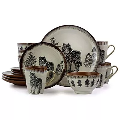 Round Stoneware Cabin Dinnerware Dish Set 16 Piece Wolf Design With Warm Ta... • $87.10