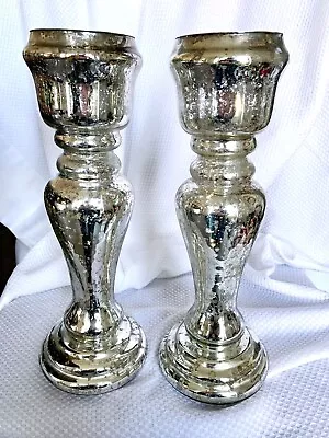 Large 2 Silver Mercury Glass 14  Candlestick • $73.15