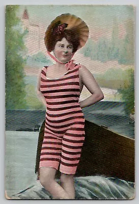 C 1910's Bathing Beauty Woman Stripped Swimming Suit Boat Vintage Postcard 326 • $13.45