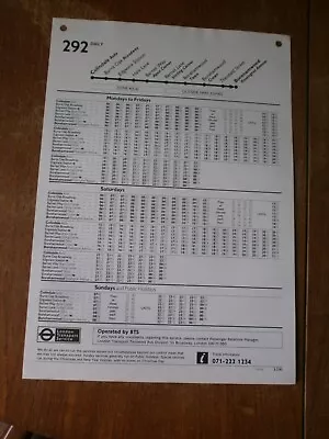 London Transport Bus Stop Timetable Panel-Route 292 1993 • £1.50