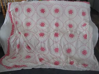 Vintage Chenille Bedspread Shag Blanket Red Pink White Floral Flowers • $41