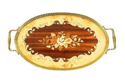 Vtg Mid-Century Marquetry Inlaid Wood Oval Tray Brass Trim & Handles 16” X 9  • $64