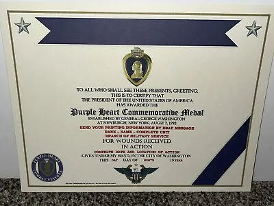 Purple Award Commemorative Heart Medal Certificate ~ Custom Printing T-1 • $15.16