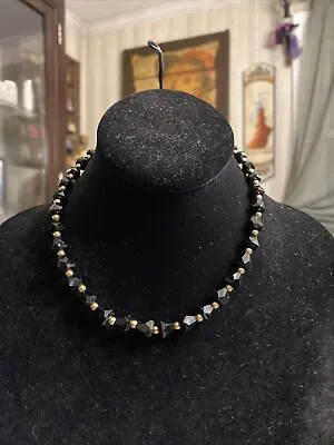 Vintage Simmons Jewelry Gold Filled Necklace With Black Cut Crystal Accents • $40