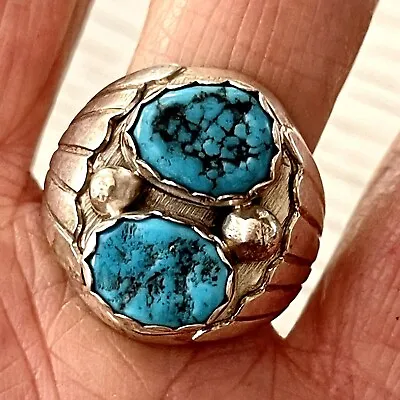 Two Stone Navajo Mens Turquoise Ring Sz10.5 Sterling Signed Fans 20g Nugget Band • $154.94