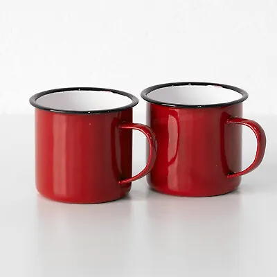 Set Of 2 Red Enamel Mugs 360ml Vintage Style Tea Water Coffee Tin Camping Cups • £12