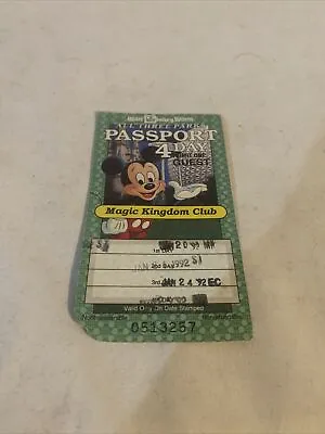 1992 Disney World All Three Parks 4 Day Passport 1 Ticket Magic Kingdom Club • $40