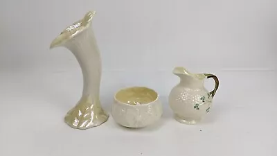 Vintage Belleek Ireland China Green Mark Creamer Pitcher Vase Lot Of 3 • $49.99