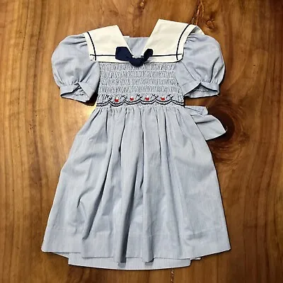Vintage Girl's Dress Cottage Core 5 Pinstripe Floral Embroidered Collar Z3-20 • $23.99
