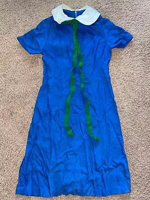 Vtg 60s 70s Womens Xs Blue Peter Pan Collar Ribb0n Bow Knee Length Dress • $28