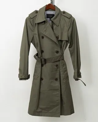 J Crew Women's 4 Classic Long Olive Green Trench Coat Double Button-up Belted • $93.29