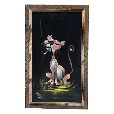 Vintage 70's Pink Panther Smoking Scene Felt Painting 23  X 14  Framed Bar Room • $124.99