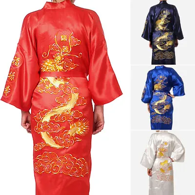 Men Chinese Retro Style Silk Satin Kimono Robe Gown Bathrobe Dragon Gown New • $28.99