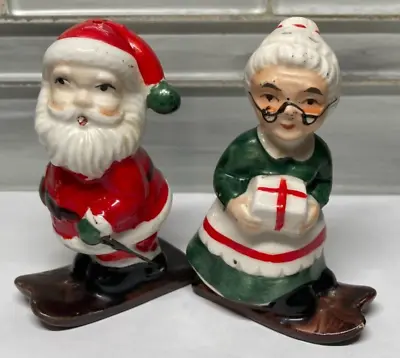 Vintage Santa & Mrs Claus On Skis Christmas Salt & Pepper Shakers Ceramic Japan • $25