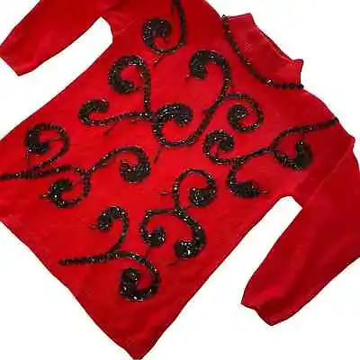 Vintage Mock Neck Sweater Womens M Red Black Sequins Beading Casual 80s Holiday • $32