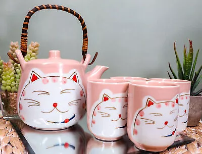 Maneki Neko Lucky Beckoning Cat Matte Pink 20oz Ceramic Tea Pot And Cups Set • $36.99