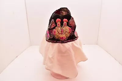 Antique Chinese Embroidered Childs Festival Dance Hat Black Dragon Silk Flowers • $115.50