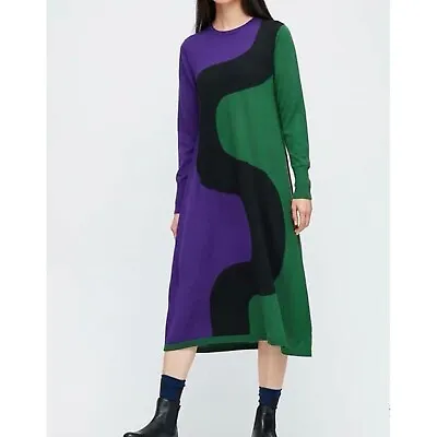 Marimekko Uniqlo Knit Dress Size M Multi Colour Crew Neck Long Sleeve Wool Blend • £35