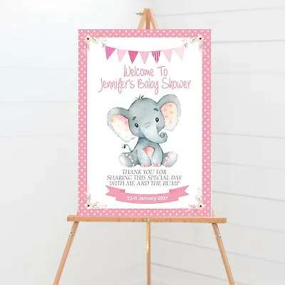 Personalised Baby Shower Welcome Table Sign Elephant Baby Girl Pink A4 A3 • £5.50