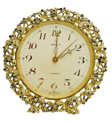 Vintage Semca 7 Jewels Alarm Clock Gold Flower Filagree Rhinestone Boudoir Swiss • $48.25