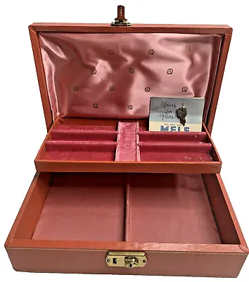 Vintage Pink Mele 2 Tier Leather Gold Trim Large Jewelry Box Velvet MCM Lock Key • $107.96