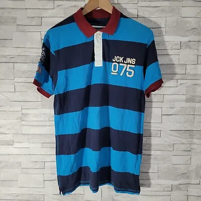 Mens JACK & JONES Polo Shirt Blue Striped Large Short Sleeved  • £11.60