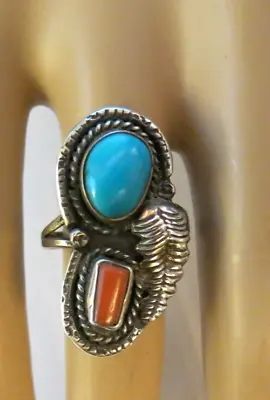 Turquoise Ring Coral Native Tribal Design Size 7 Sterling Silver Southwestern • $49