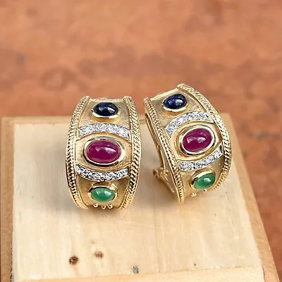 14K Yellow Gold Byzantine Etruscan Omega Emerald Ruby Sapphire Diamond Earrings • $1499.99