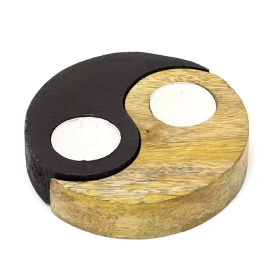 £10.99 • Buy Rustic Mango Wood Yin-Yang Double Tealight Holder Set With Votive Candles