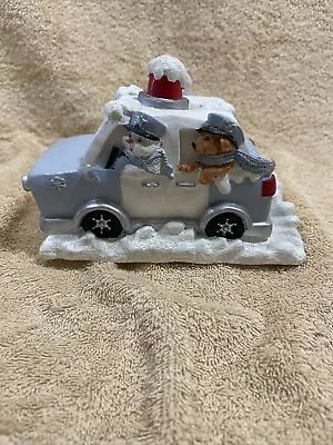 Rare Ceramic Snow Buddies Snowville Snowman W/ K-9 Police Car Wind-Up Music • $35