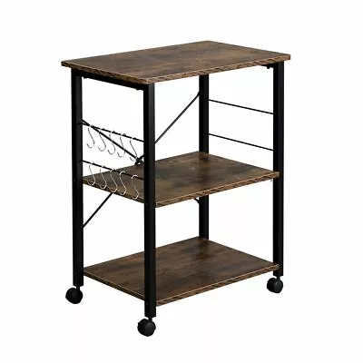 Industrial Kitchen Bakers Rack Cupboard With 10 Hook 3-Tier Rolling Serving Cart • $57.89