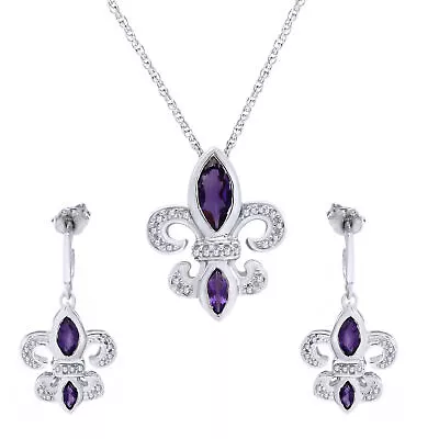 Fleur De Lis Pendant & Earrings Set Simulated Amethyst Diamond Sterling Silver • $80.99