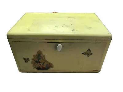 Vintage Yellow Metal Tin Bread Box Hinged 1950s Flowers Butterflies - Fast Ship! • $34.99