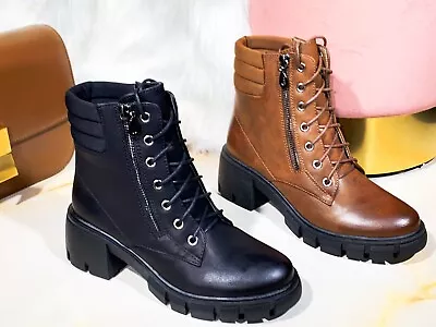 £23.99 • Buy Ladies Lace Up Ankle Boots Chunky Platform Womens Biker Combat Zip Up Shoes Size